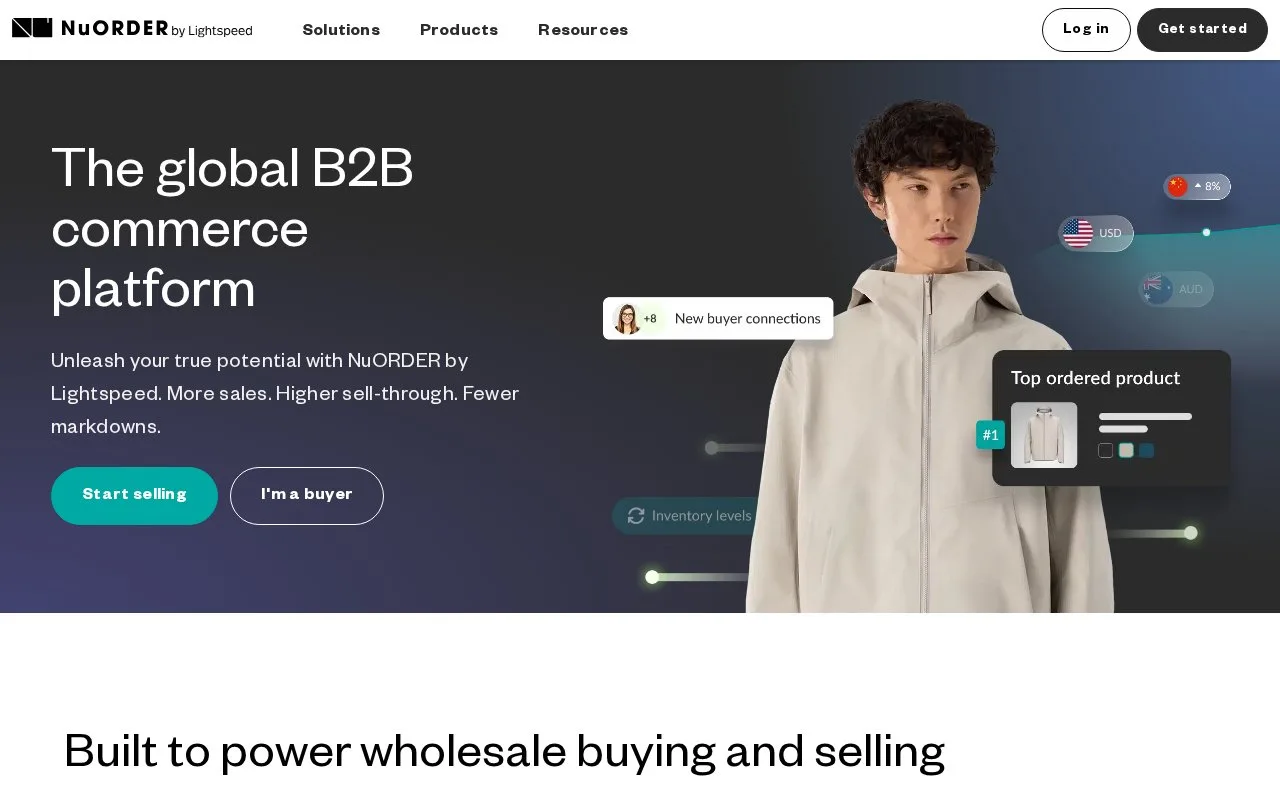 Screenshot of the NuORDER by Lightspeed homepage