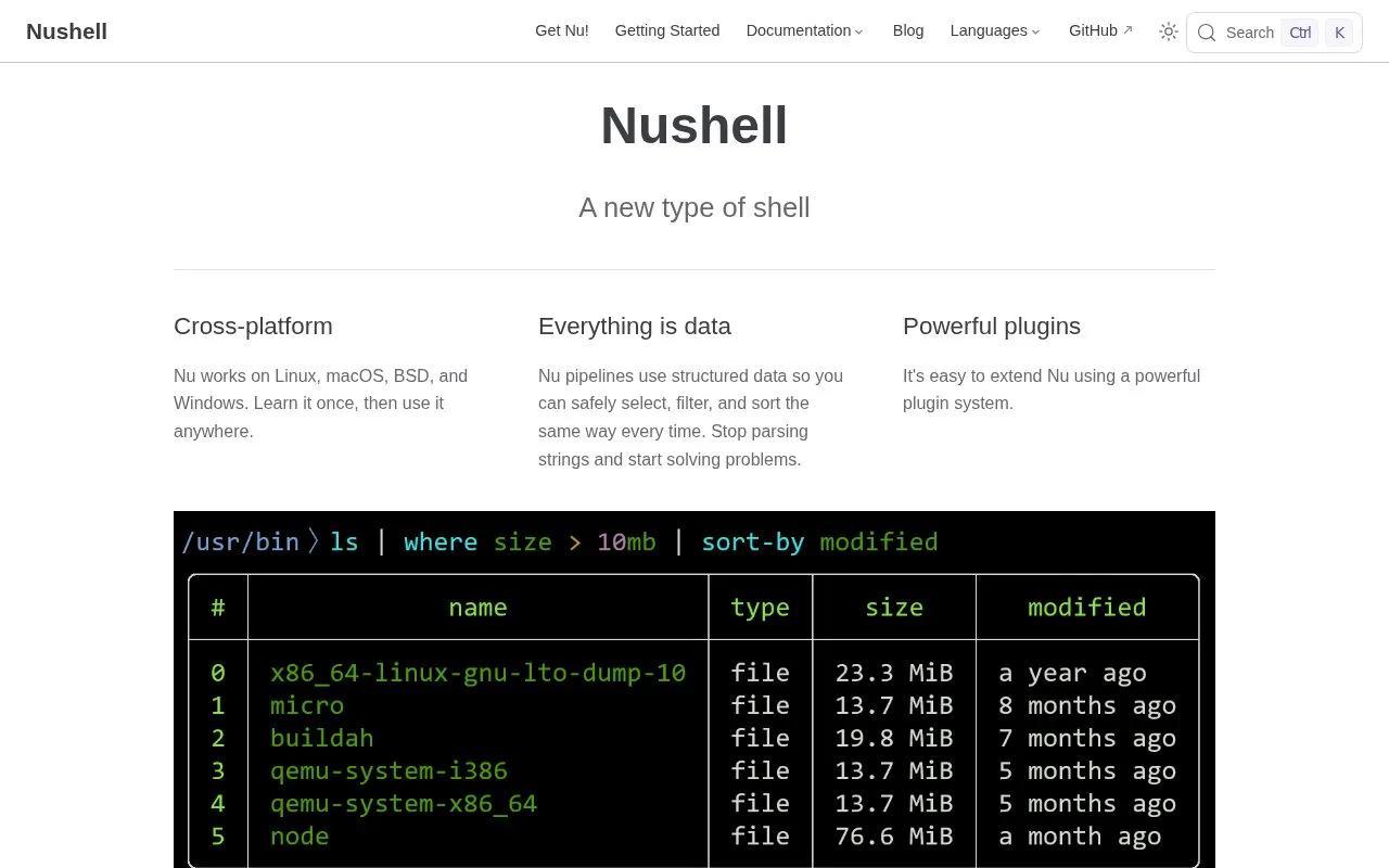 Screenshot of the Nushell homepage