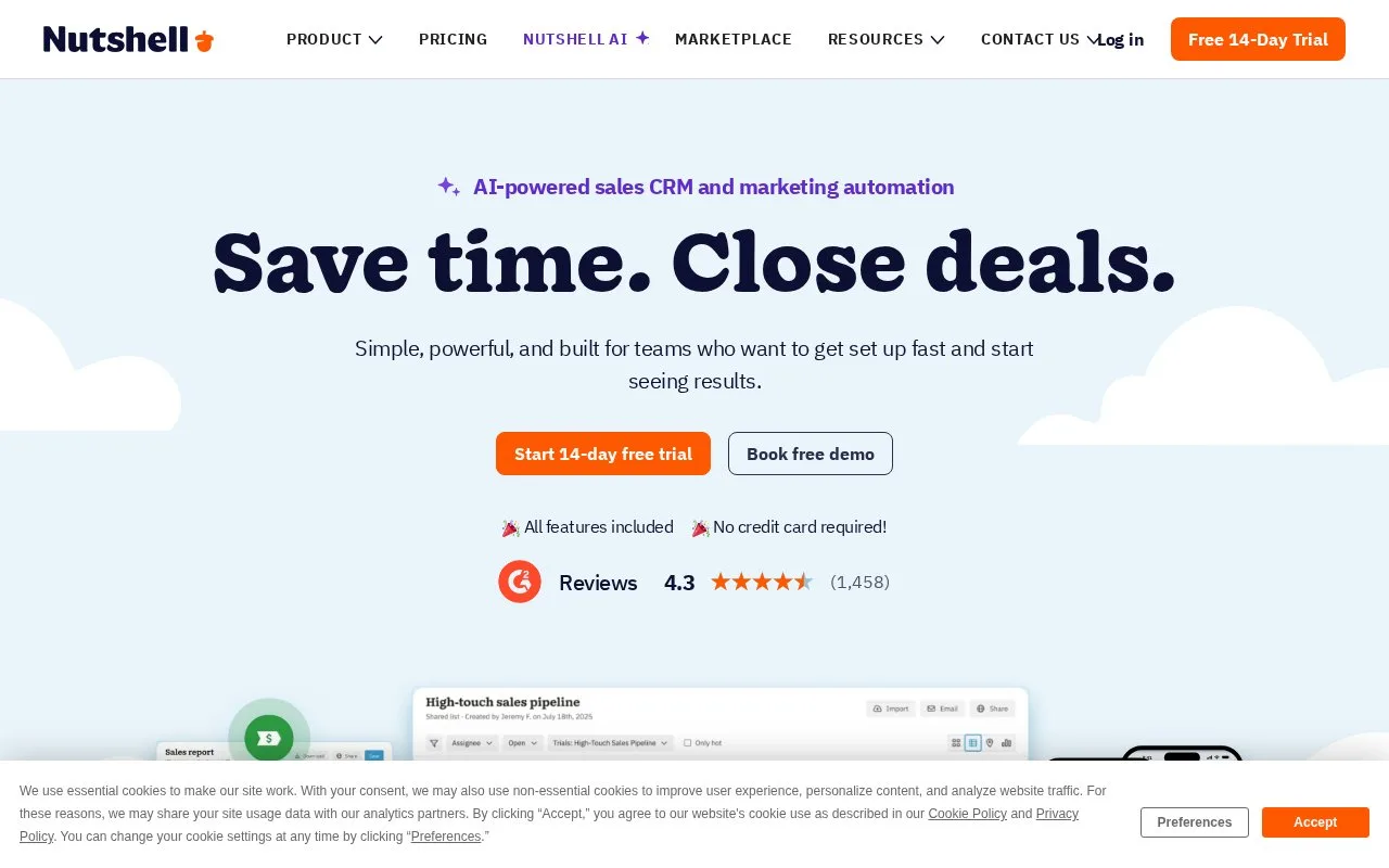 Screenshot of the Nutshell homepage