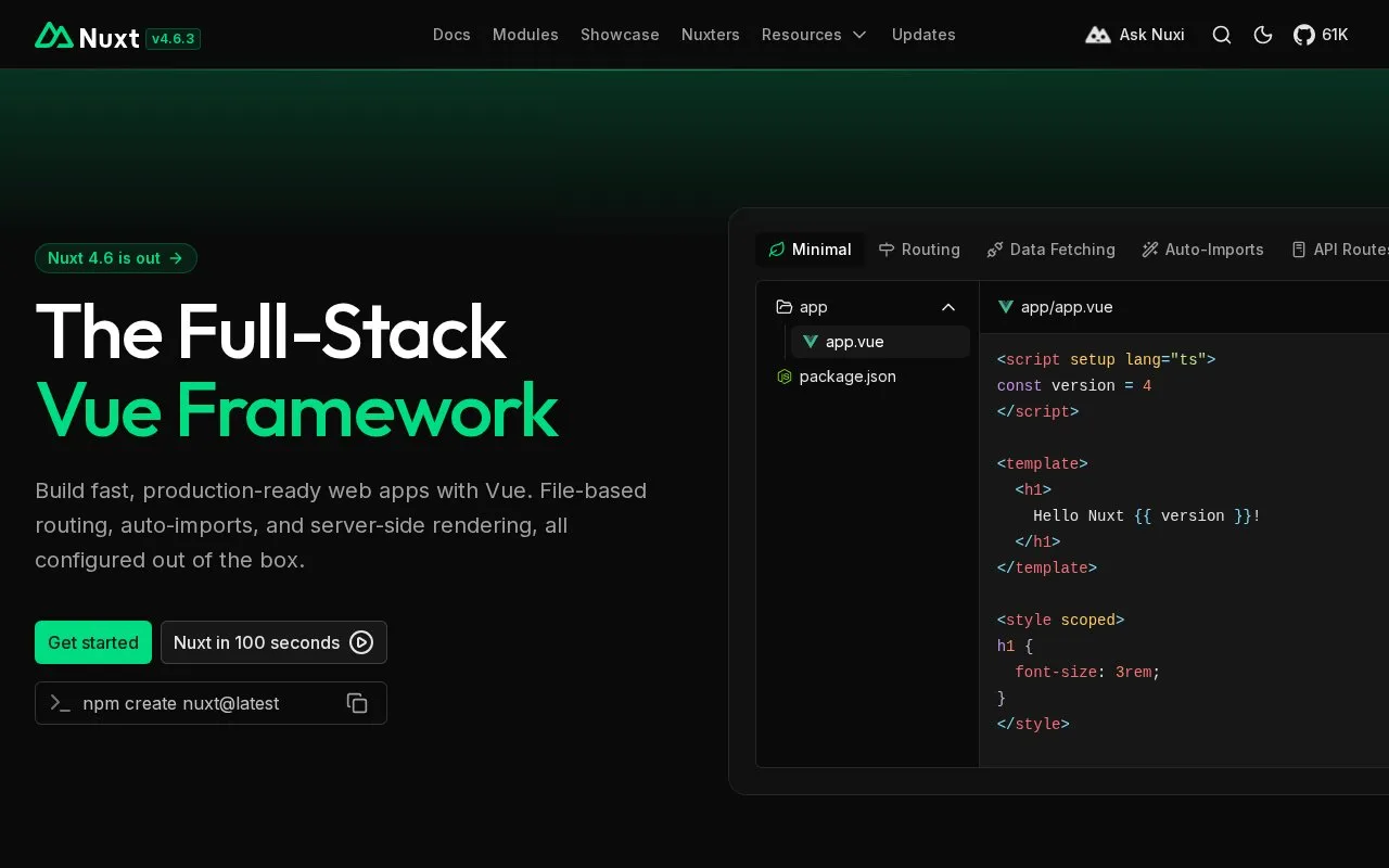 Screenshot of the Nuxt homepage