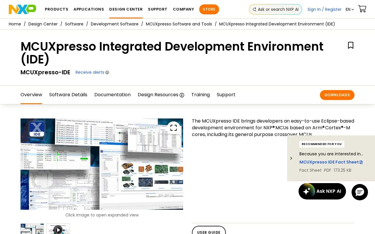 Screenshot of the NXP MCUXpresso IDE homepage