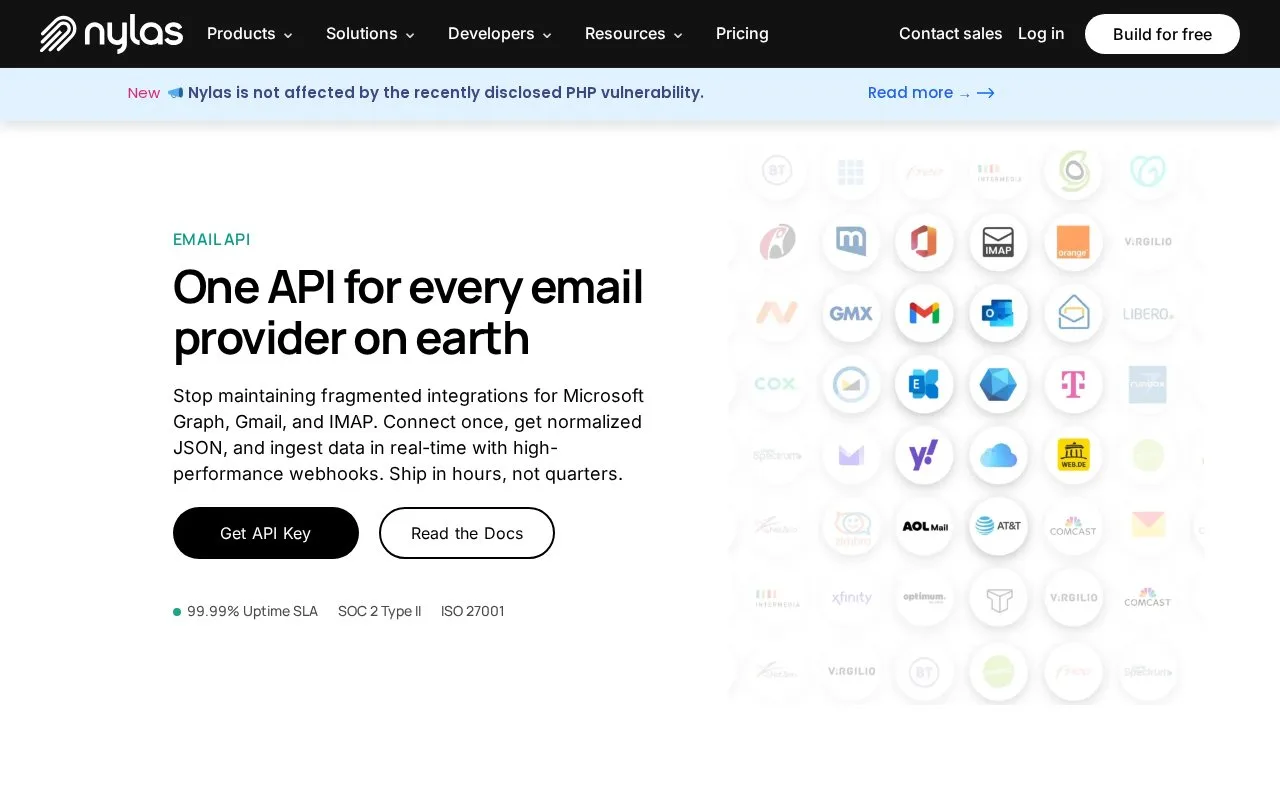 Screenshot of the Nylas Email API homepage