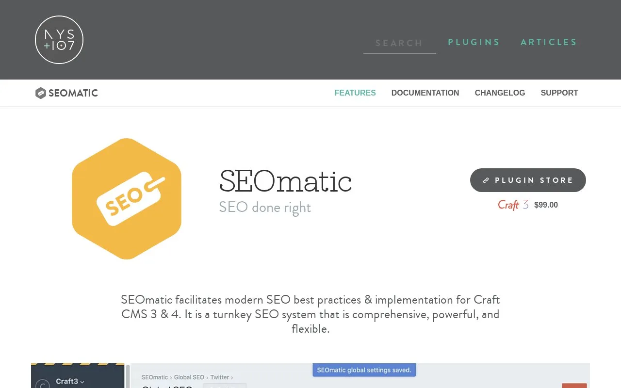 Screenshot of the SEOmatic for Craft CMS homepage