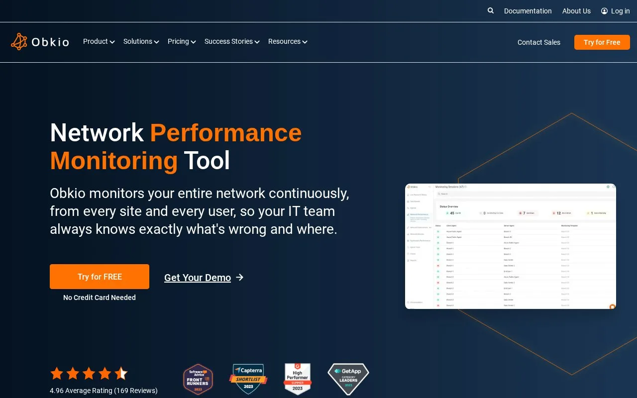 Screenshot of the Obkio Network Performance Monitoring homepage