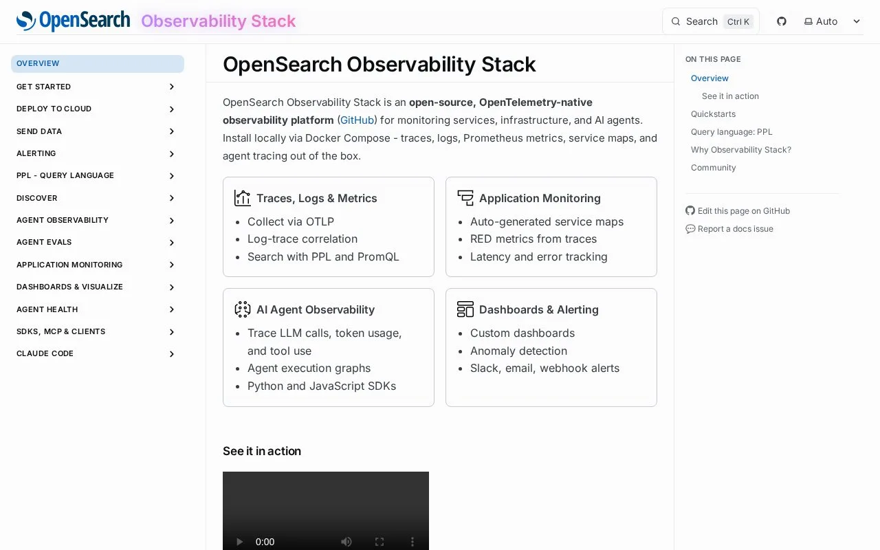 Screenshot of the OpenSearch Observability Stack homepage