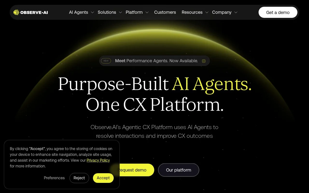 Screenshot of the Observe.AI homepage