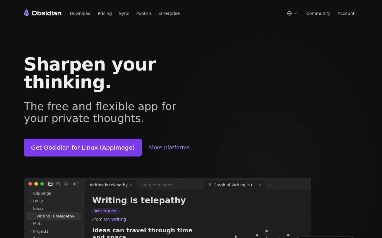 Screenshot of the Obsidian homepage