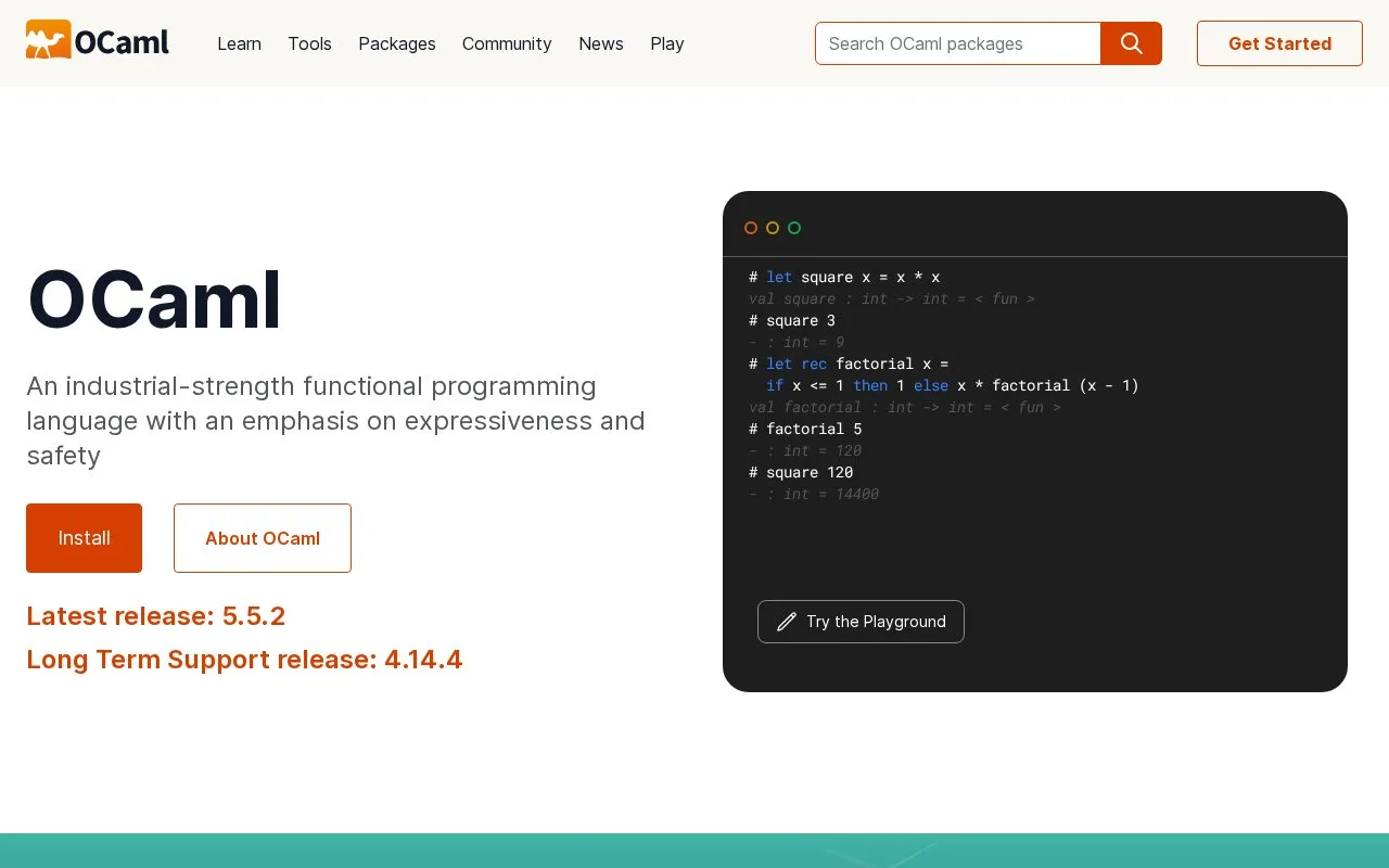 Screenshot of the OCaml homepage