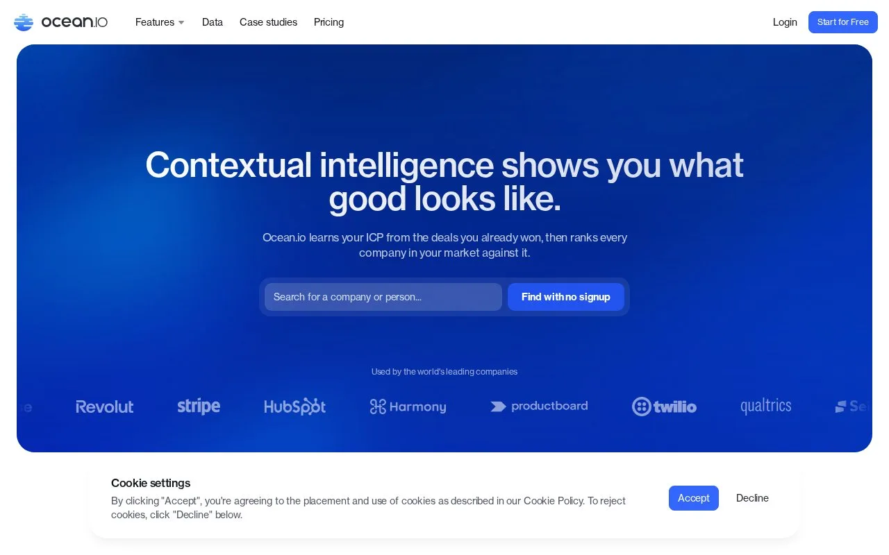 Screenshot of the Ocean.io homepage