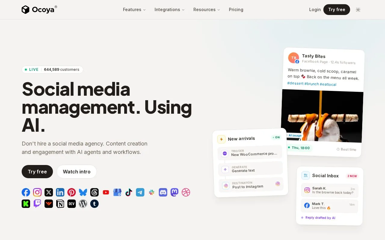 Screenshot of the Ocoya homepage