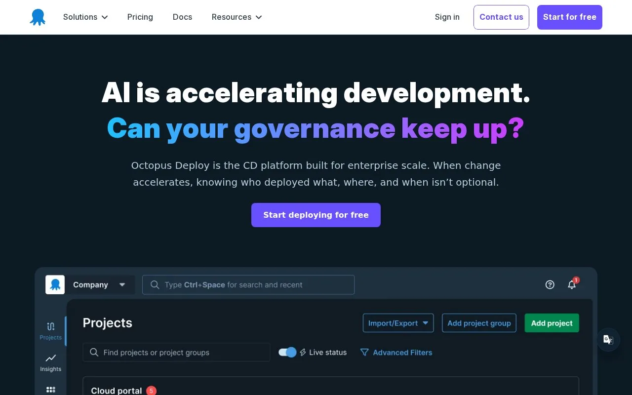 Screenshot of the Octopus Deploy homepage