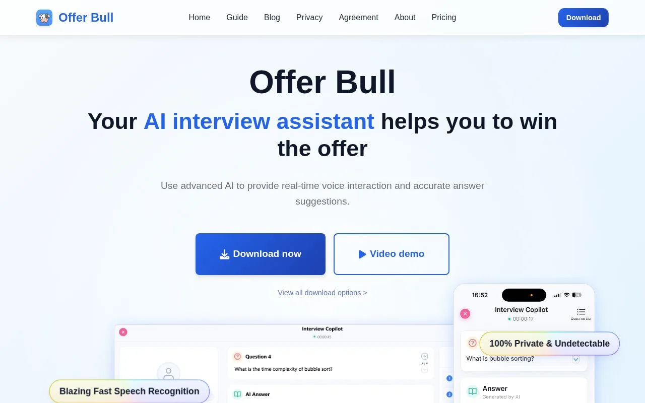 Screenshot of the Offer Bull homepage