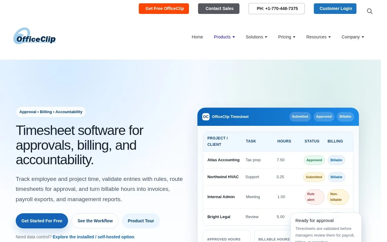 Screenshot of the OfficeClip Timesheet homepage