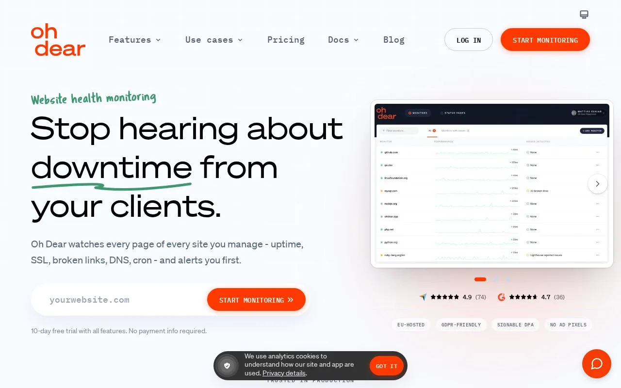 Screenshot of the Oh Dear homepage