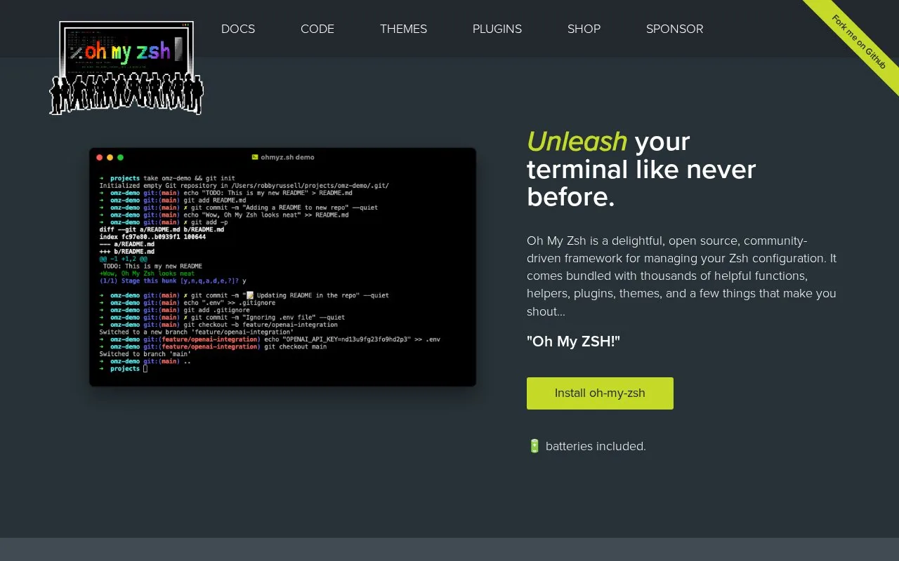 Screenshot of the Oh My Zsh homepage