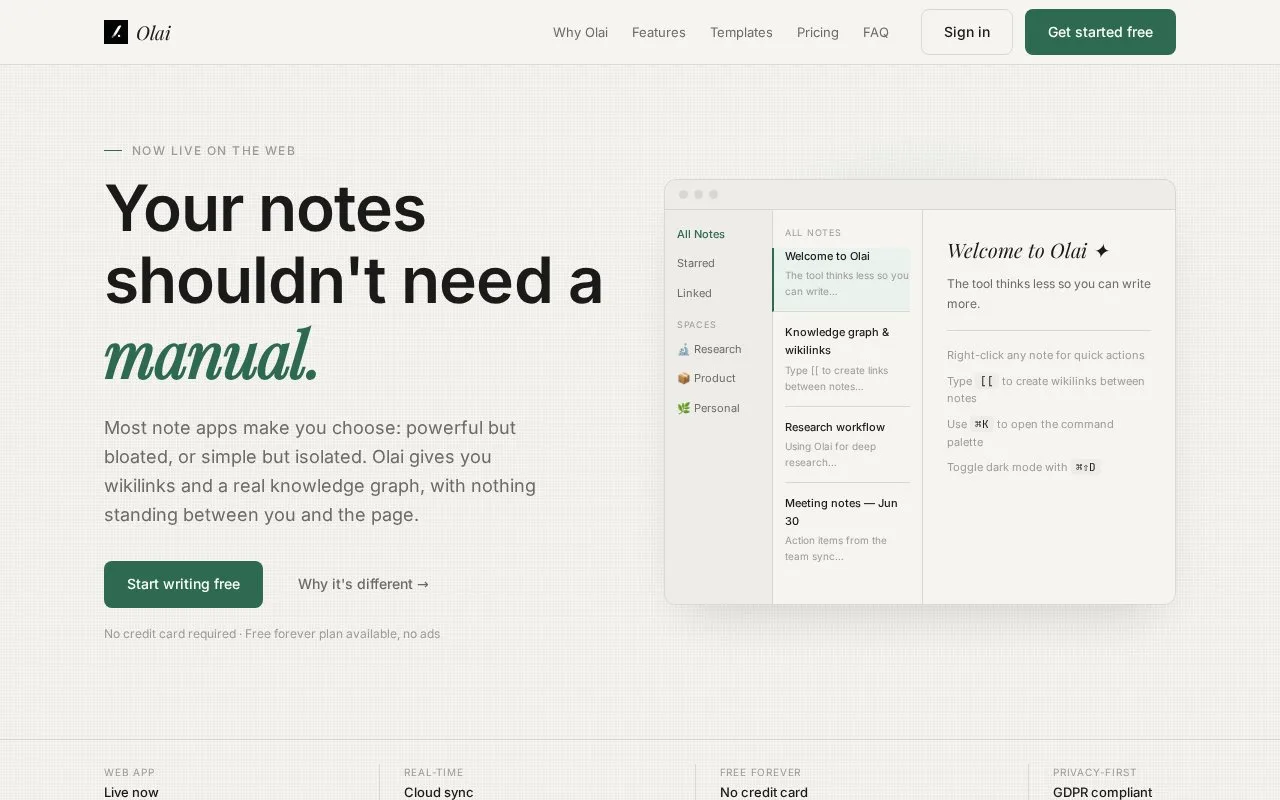 Screenshot of the Olai homepage