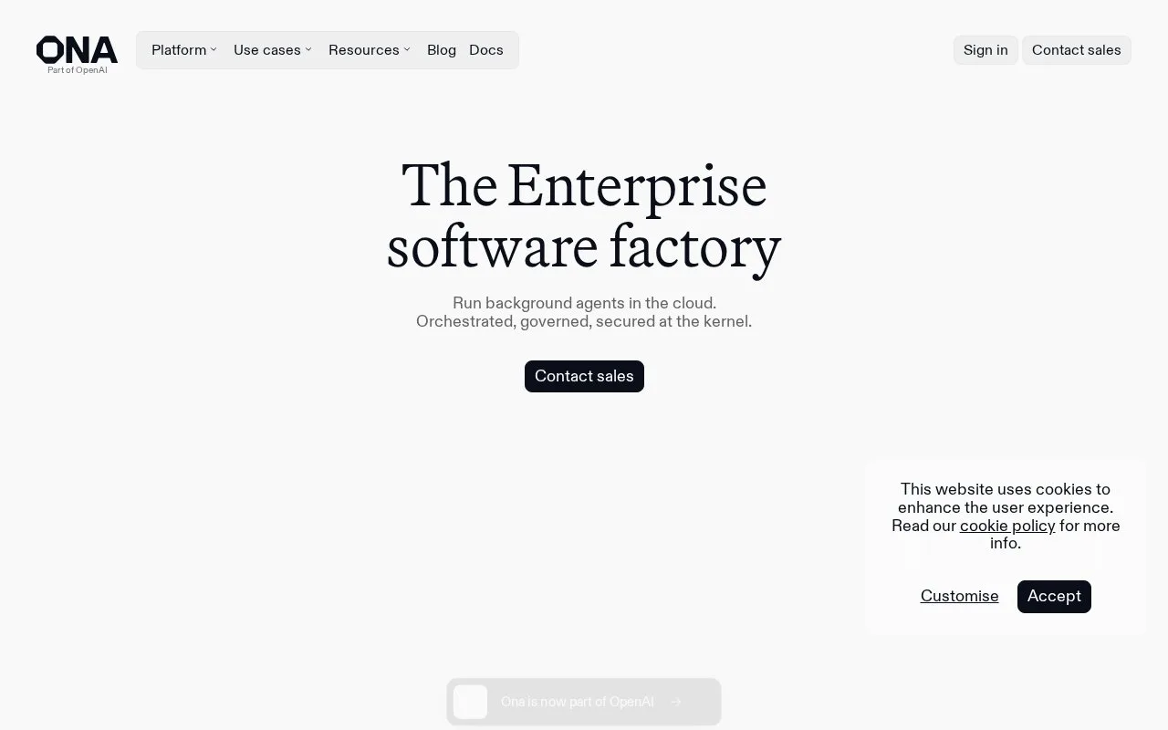 Screenshot of the Ona homepage
