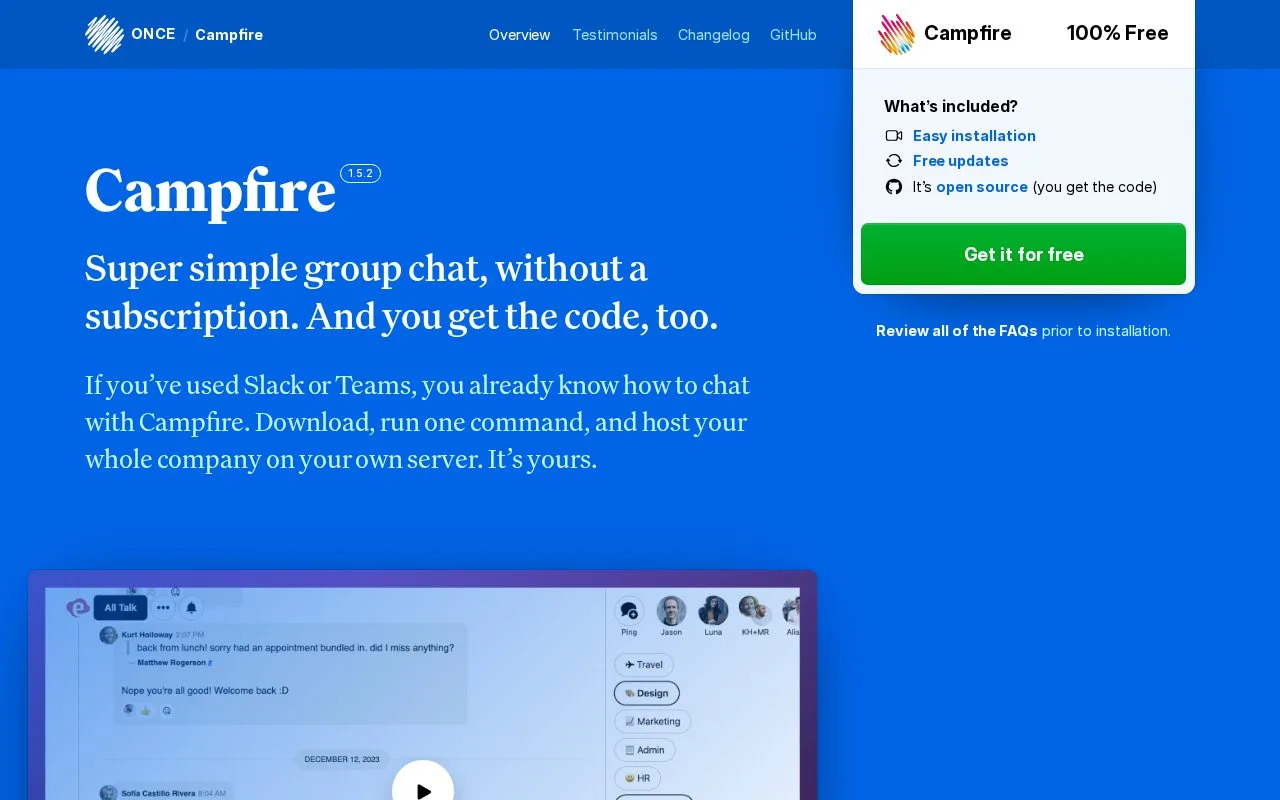 Screenshot of the ONCE Campfire homepage
