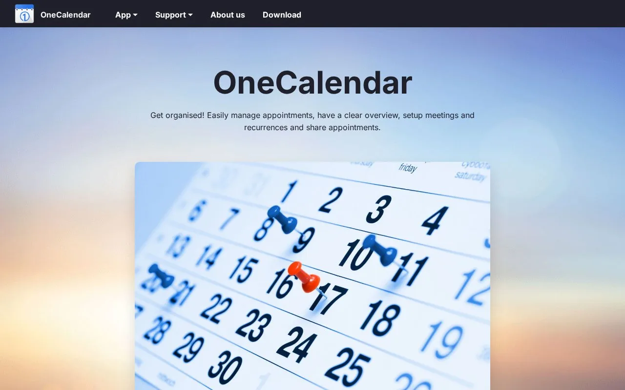 Screenshot of the OneCalendar homepage