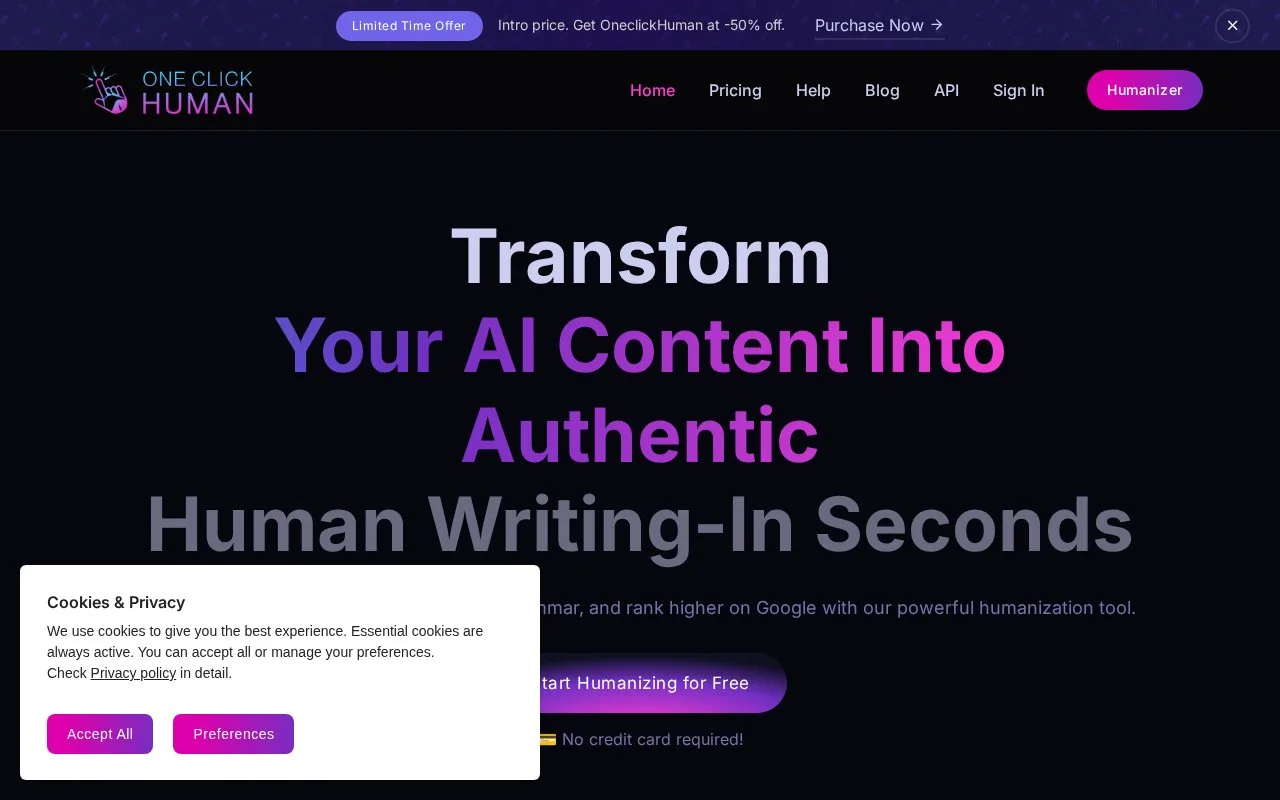 Screenshot of the OneClickHuman homepage
