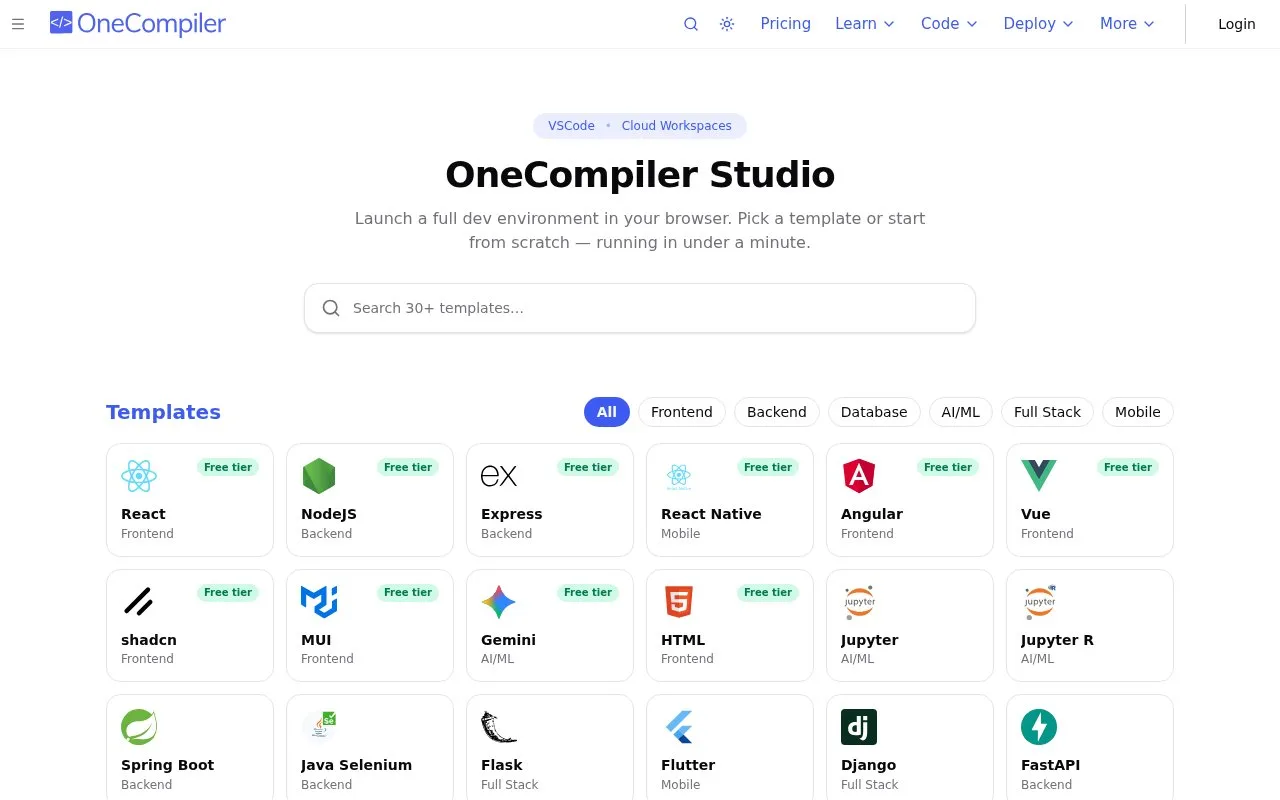 Screenshot of the OneCompiler Studio homepage