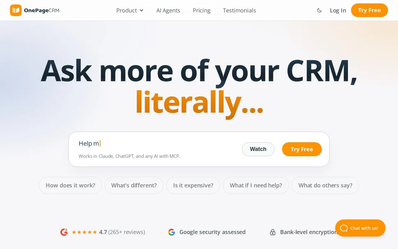 Screenshot of the OnePageCRM homepage
