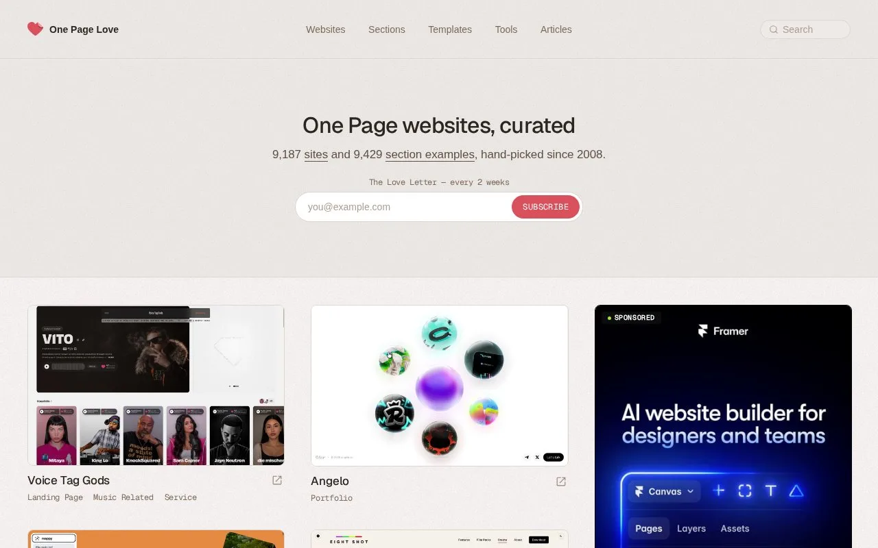 Screenshot of the One Page Love homepage