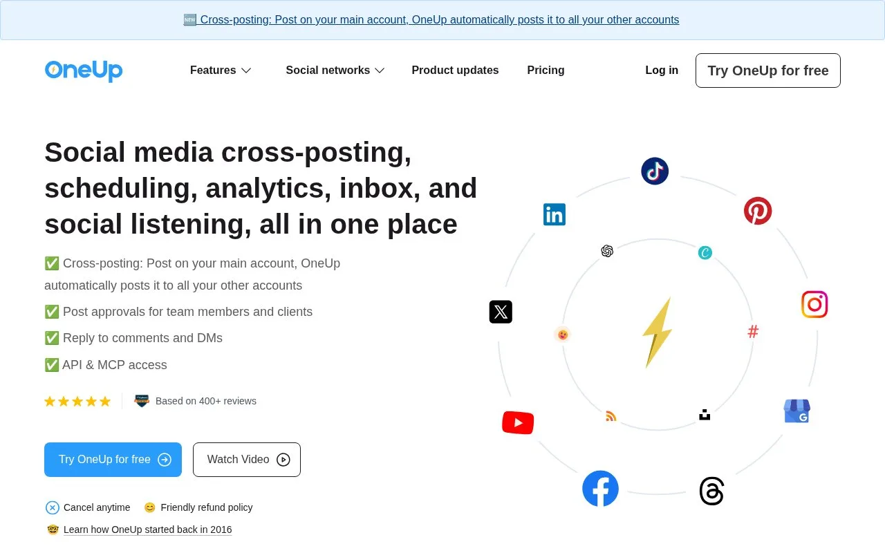 Screenshot of the OneUp homepage