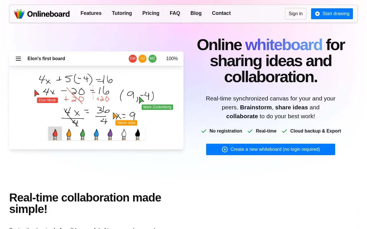 Screenshot of the OnlineBoard homepage