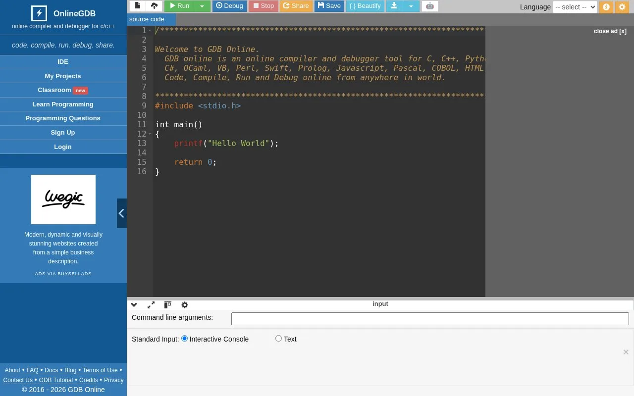 Screenshot of the OnlineGDB homepage