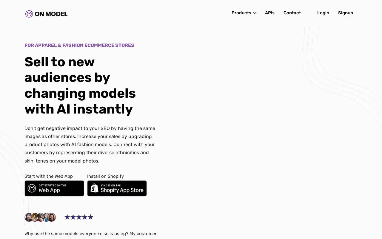 Screenshot of the OnModel.ai homepage