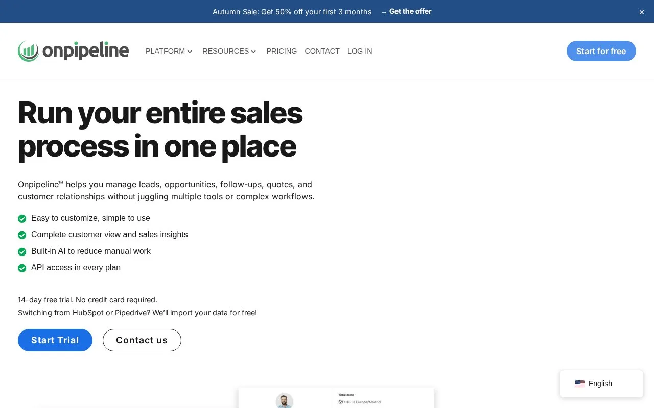 Screenshot of the Onpipeline homepage