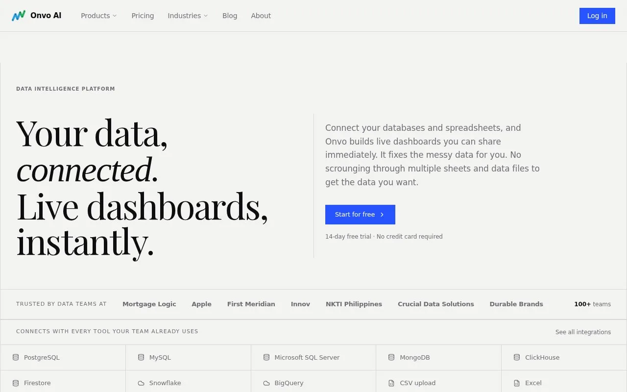 Screenshot of the Onvo AI homepage