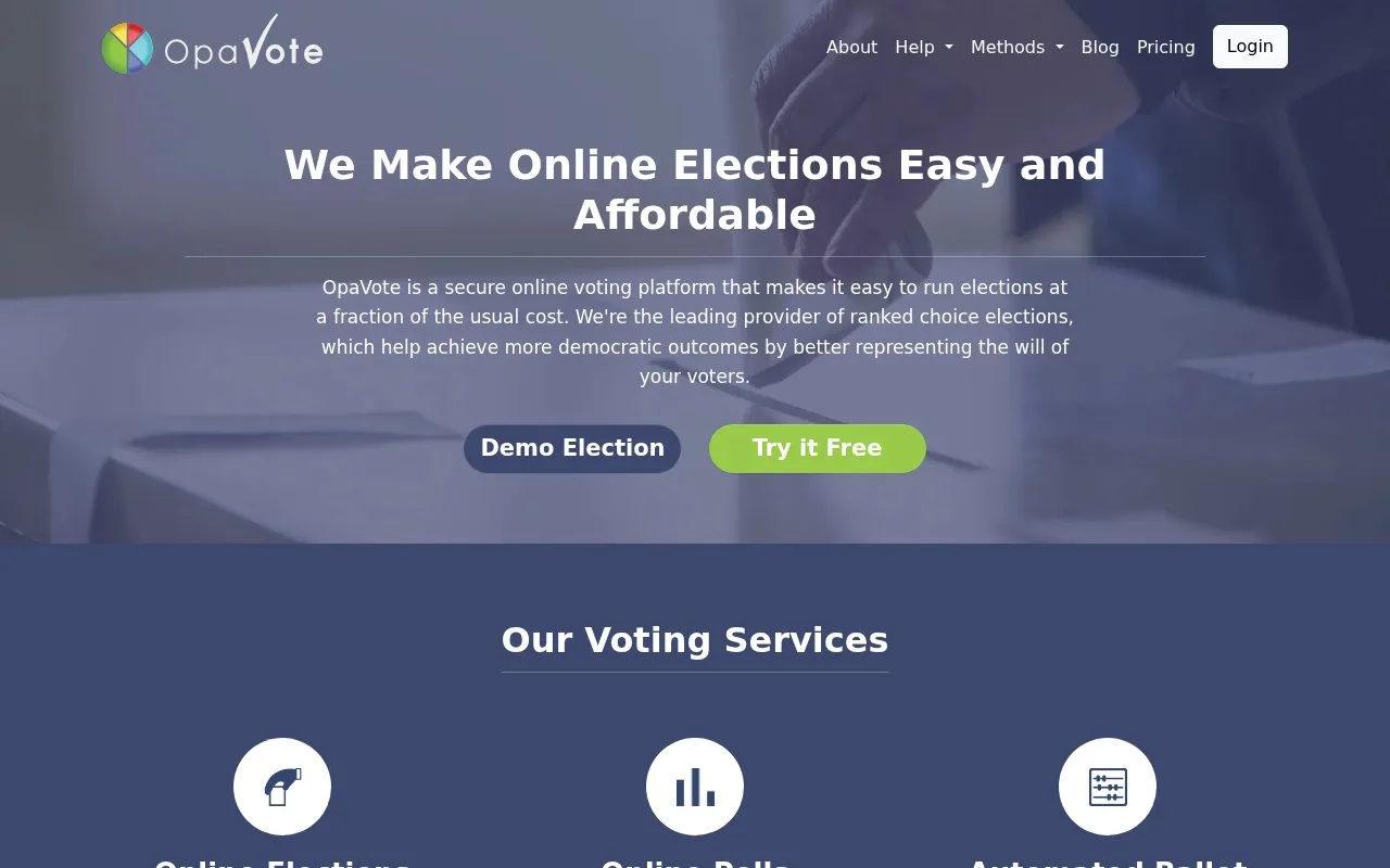 Screenshot of the OpaVote homepage