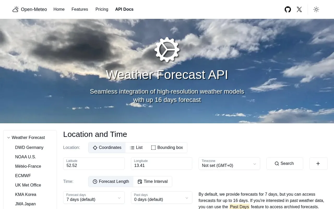 Screenshot of the Open-Meteo Weather Forecast API homepage