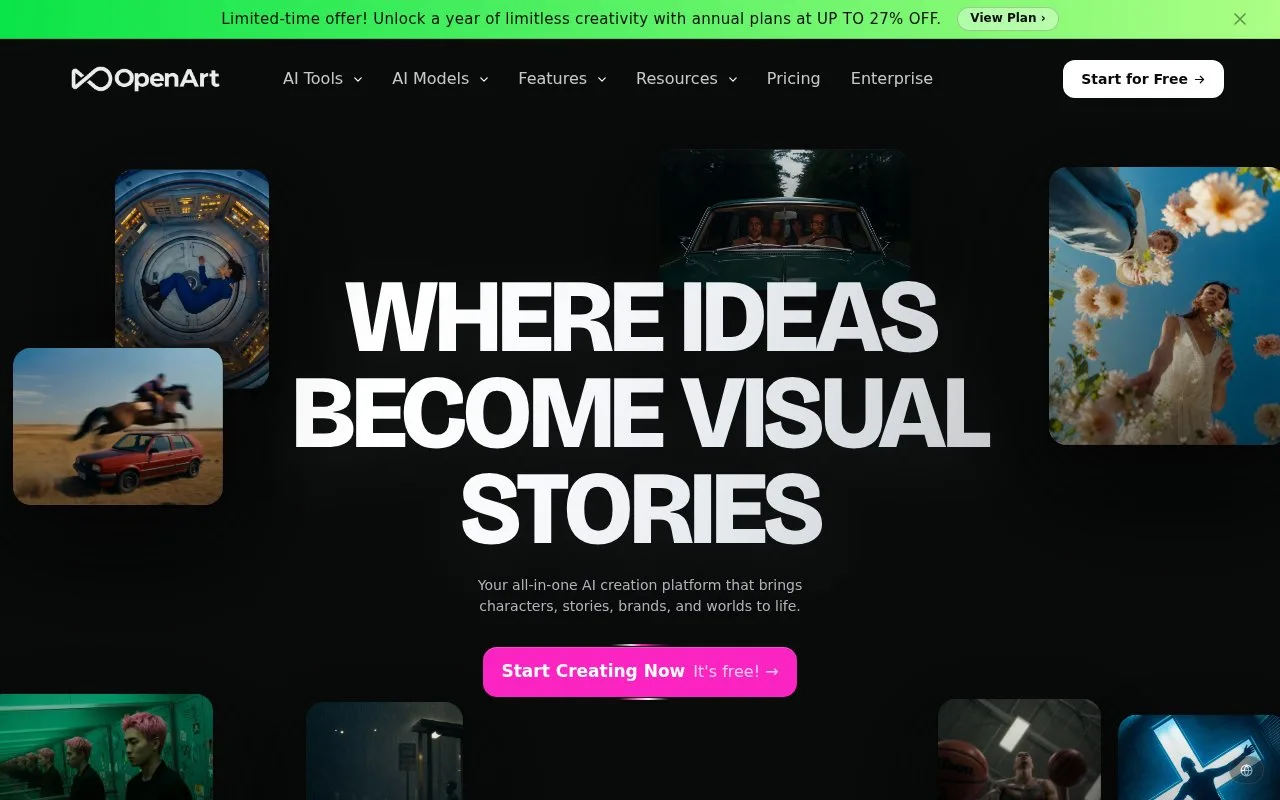 Screenshot of the OpenArt homepage