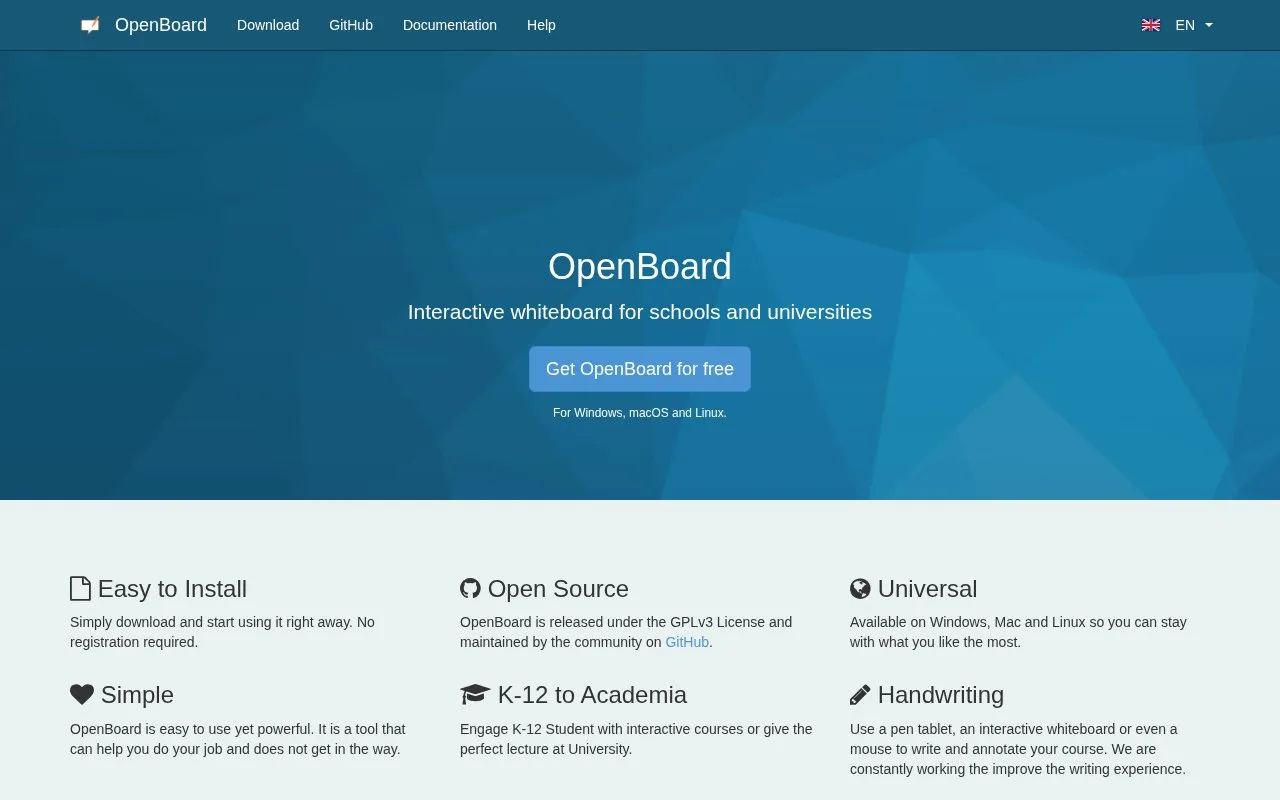 Screenshot of the OpenBoard homepage