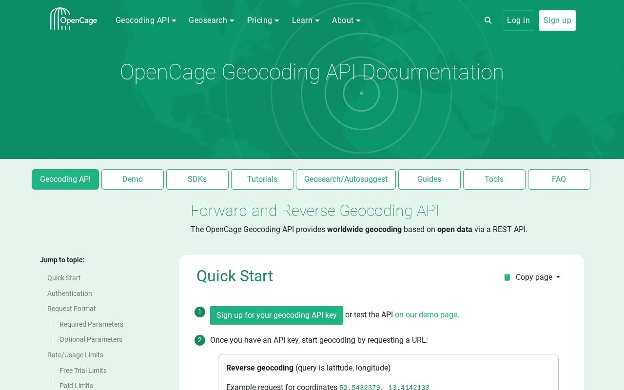 Screenshot of the OpenCage Geocoding API homepage