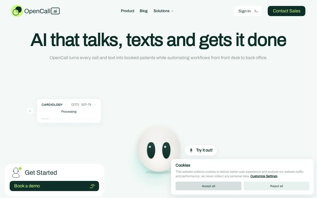 Screenshot of the OpenCall AI homepage