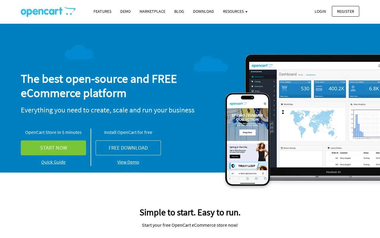 Screenshot of the OpenCart homepage