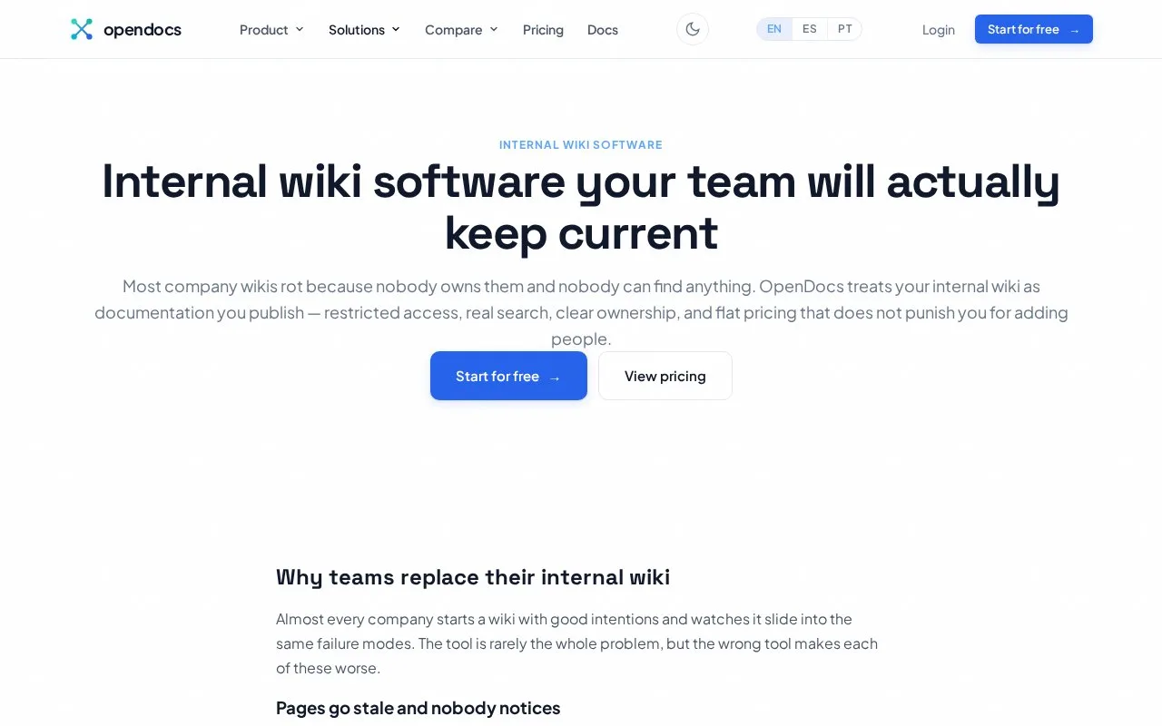 Screenshot of the OpenDocs Internal Wiki homepage
