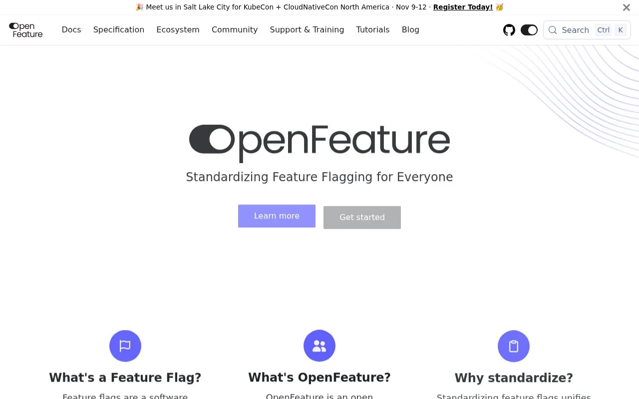 Screenshot of the OpenFeature homepage