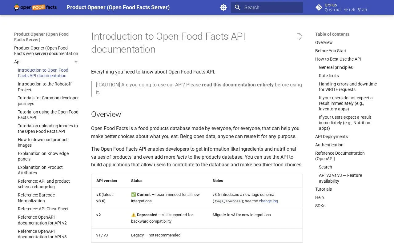 Screenshot of the Open Food Facts API homepage