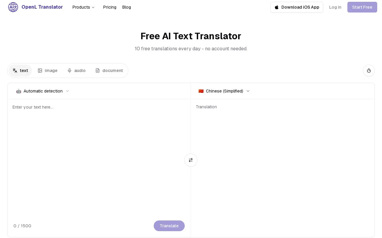 Screenshot of the OpenL Translator homepage