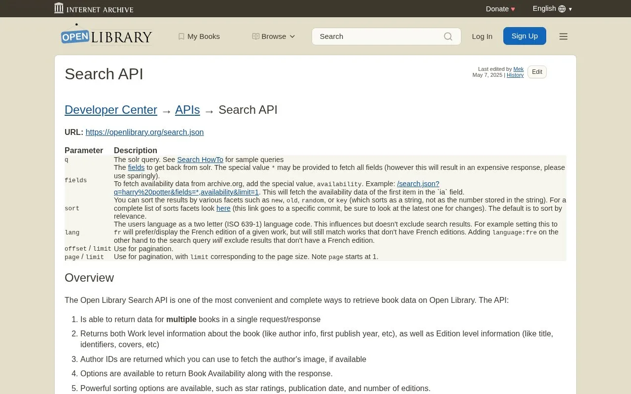 Screenshot of the Open Library Search API homepage