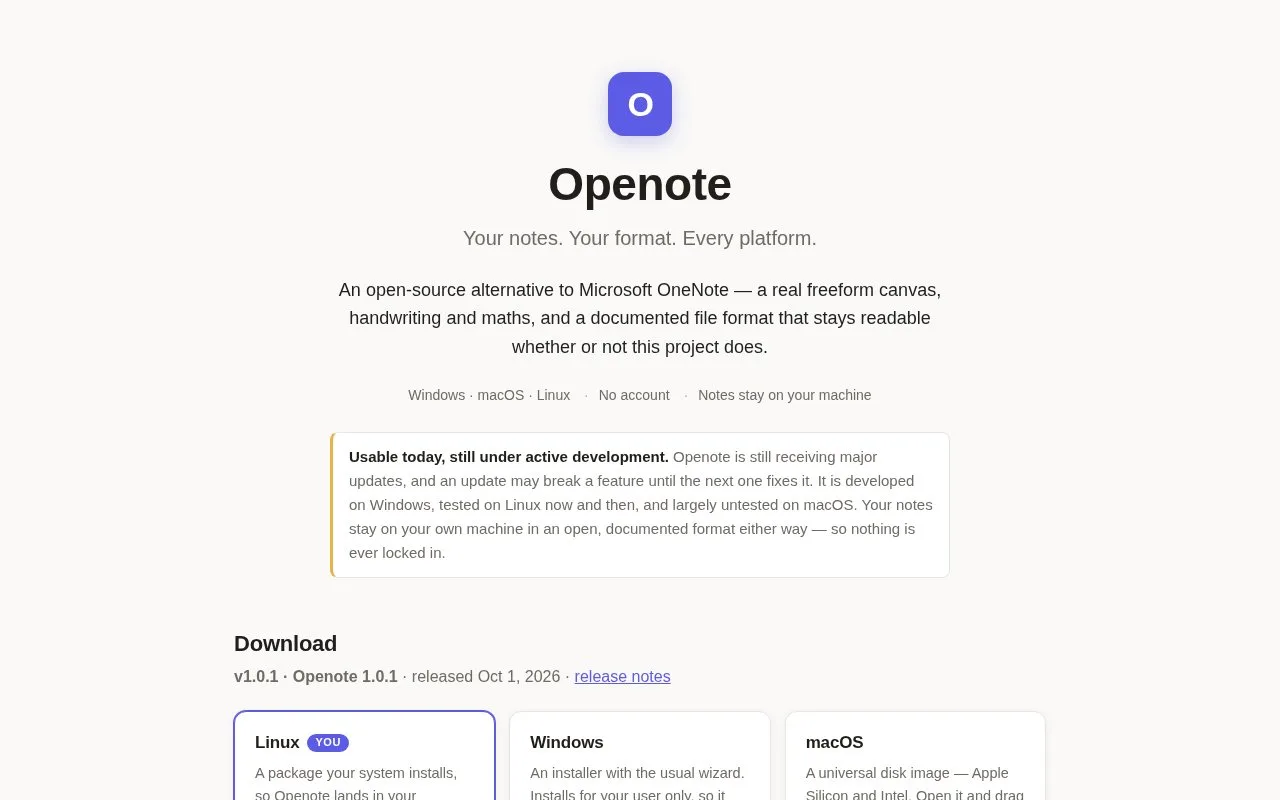 Screenshot of the Openote homepage