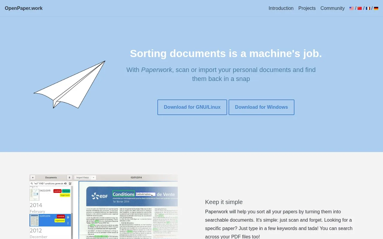 Screenshot of the Paperwork homepage