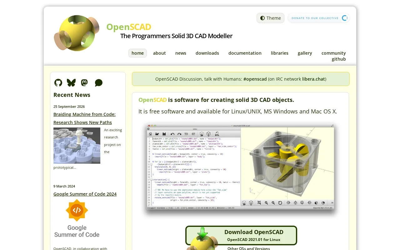 Screenshot of the OpenSCAD homepage