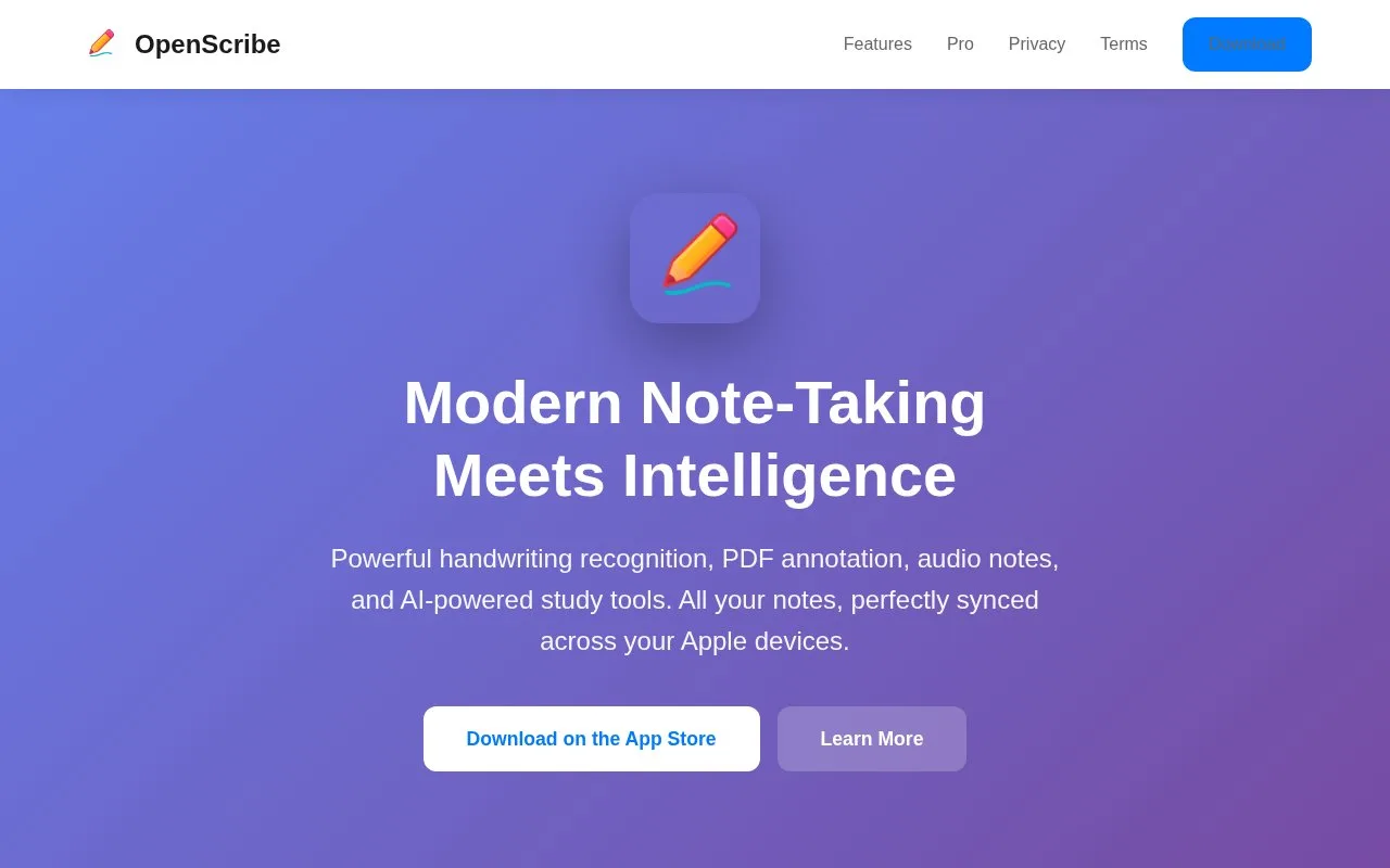 Screenshot of the OpenScribe homepage