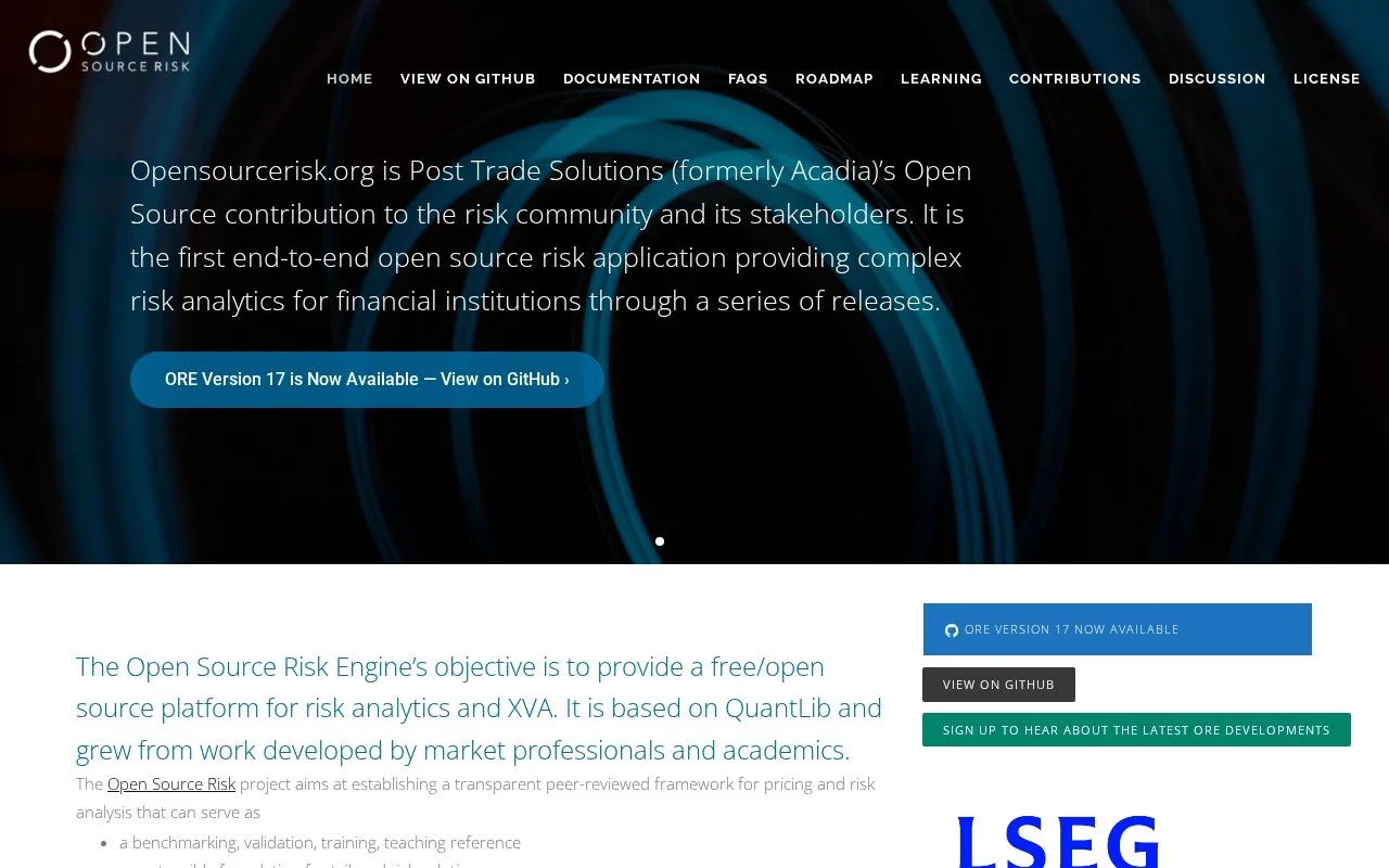 Screenshot of the Open Source Risk Engine homepage